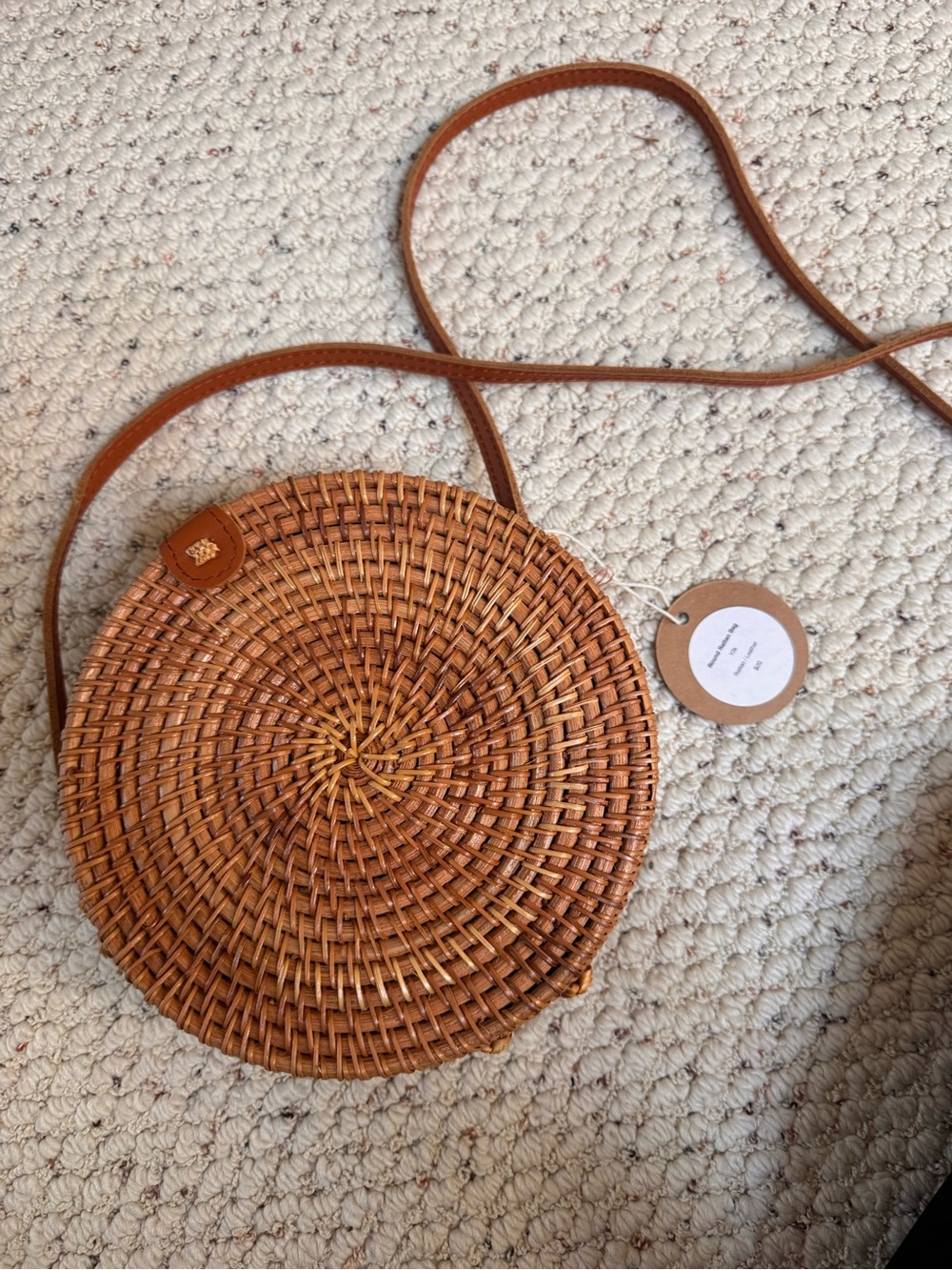Round Woven Rattan Crossbody Bag - Tan 0156